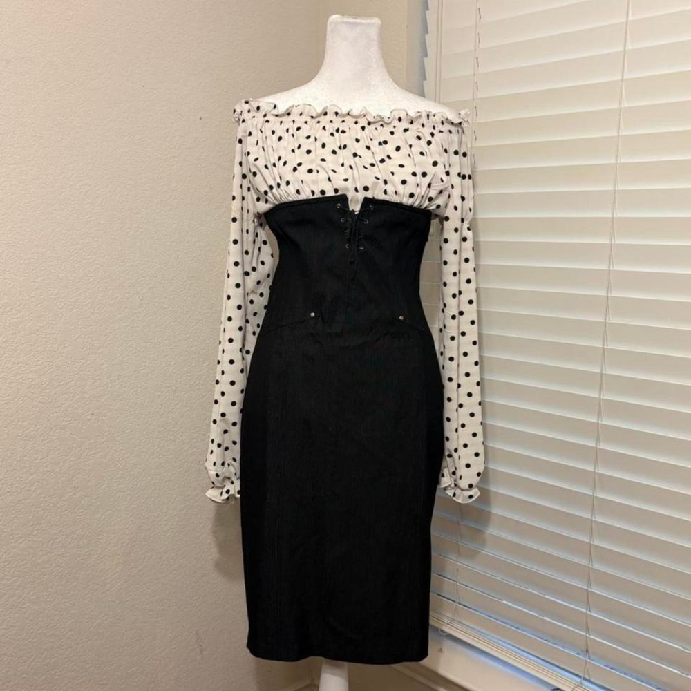 black and white off the shoulder polka dot underbust laceup bodycon dress